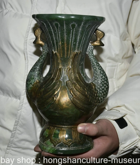 11" Old Chinese Green Jade Gilt Carving Dynasty Palace Phoenix 2 Ear Vase