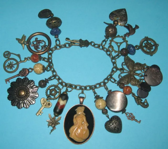 "Cameo,  Keys & Birds" - Steampunk Charm Bracelet- Antique Bronze-Mixed Media