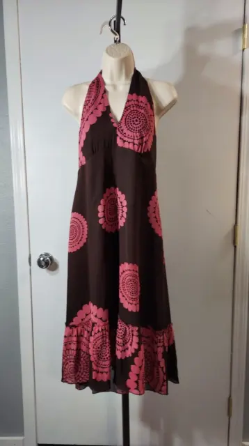 Trina Turk Beautiful Brown & Pink Silk Blend Floral Halter Dress, Size L