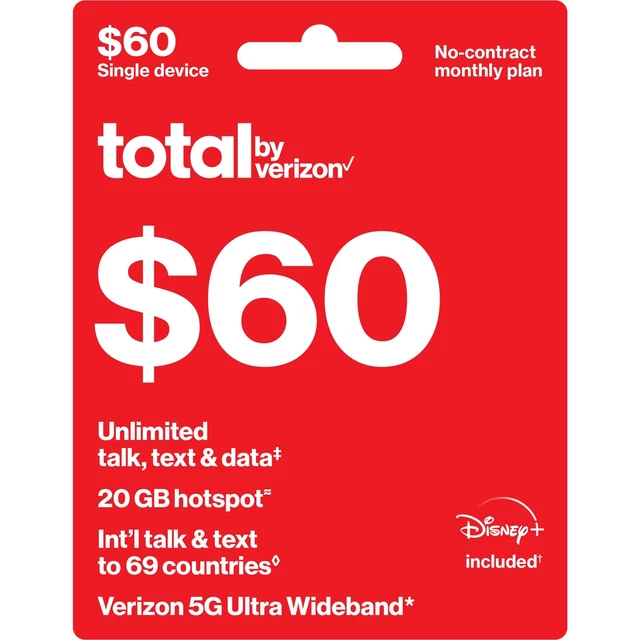 Total by Verizon $60 Unlimited Plan+ 20GB Hotspot + Disney†[Email Delivery]