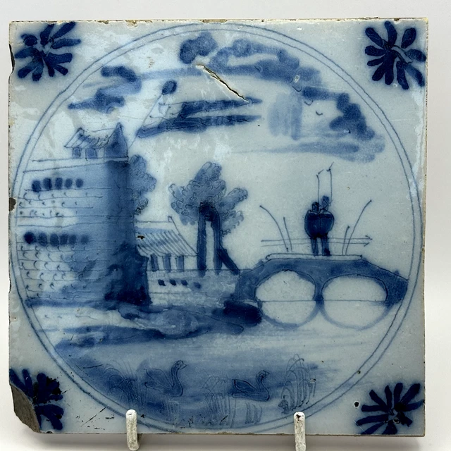 Antique 18th Century Dutch Delft Blue and White Tile Riverbank Swans Bridge
