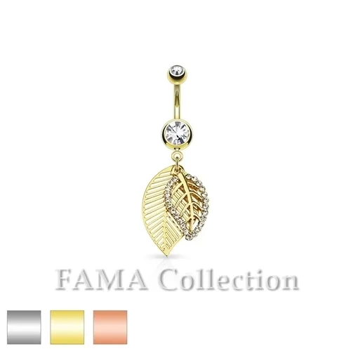 Beautiful FAMA 316L Surgical Steel Navel Belly Ring with CZ Paved Leaves Dangle
