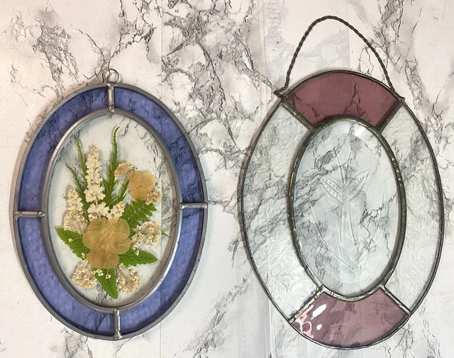 Lot Of 2 Oval Stained Glass Window Hanger Textured Dried Flowers Display