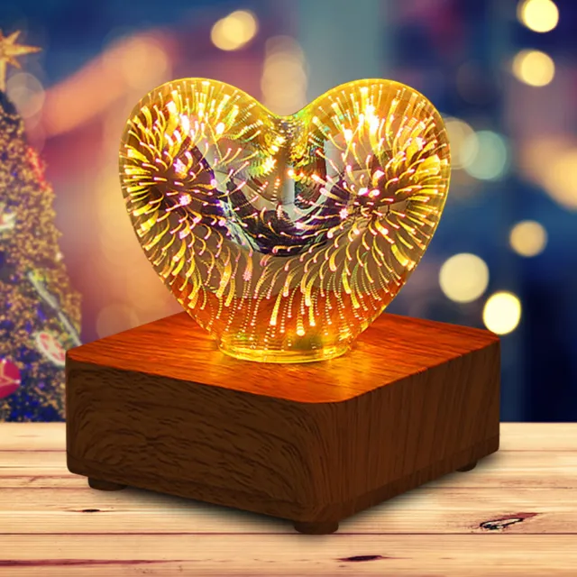 Glass 3D Lamp Solid Wood Base Firework Nightstand Lamp USB Plug for Home Bedroom