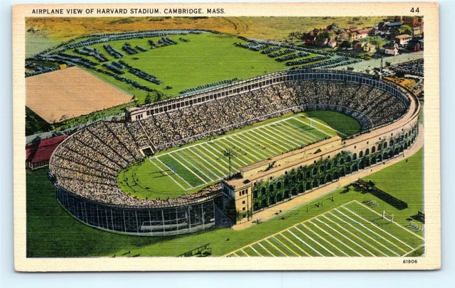 Postcard MA Cambridge Airplane View of Harvard Stadium Football Linen A36