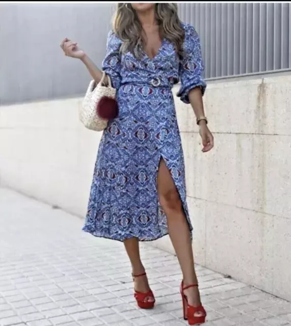 ZARA Jacquard Blue White Floral Paisley Paisley Midi Wrap Dress size XS 8 36