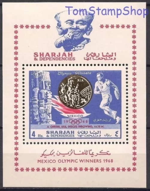 Sharjah 1968 Mexique Olympique Gagnants Disque Lancer Sport OR Médaille m s MNH