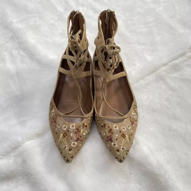 Aquazzura Firenze Christy Nude Lace Up Pointed-Toe Flats N4215 Size 36.