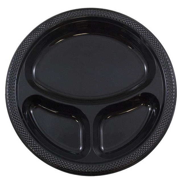 JAM Paper 3 Compartment Divided Plastic Plates, 20 per Pack, Black, Large