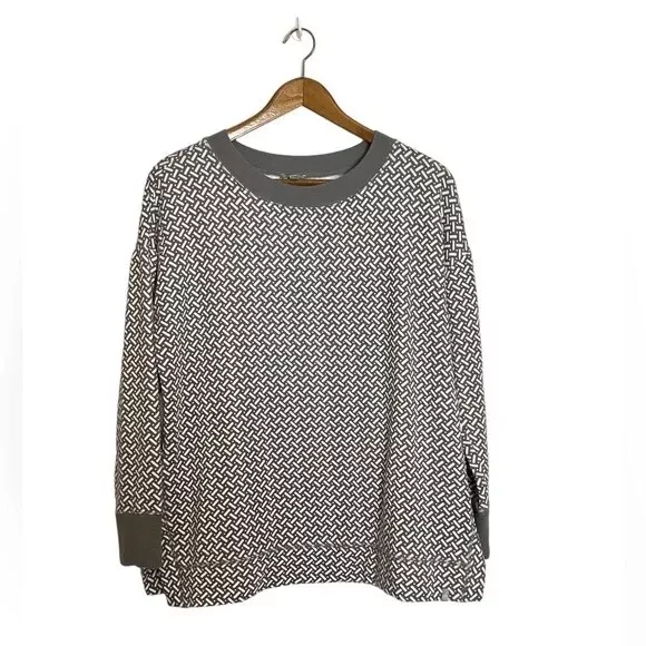 T by Talbots Gray Drop Shoulder Rib Trim Zig Zag Geo Pullover Sweater, Size XLP