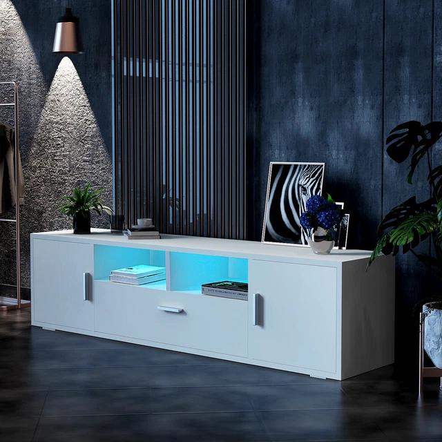 AURA TV-Schrank 200 Cm Breite – Moderner Fernsehunterschrank Mit LED-Beleuchtung & Viel Stauraum, Weiß Matt