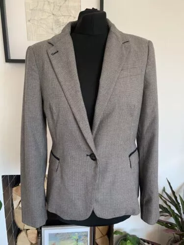 ZARA Checked Houndstooth Tweed Hacking Jacket Blazer Elbow Patches - Size L