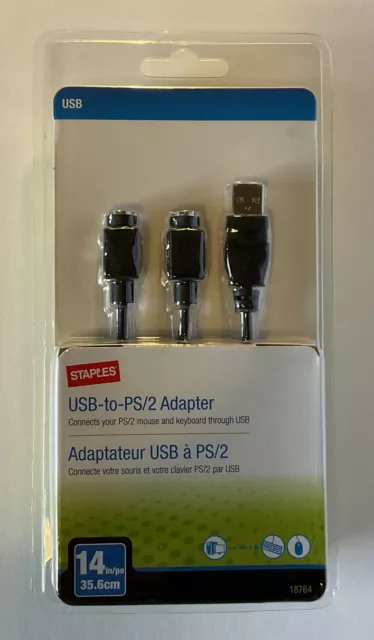 Staples 14in USB-to-PS/2 Adapter - Black - Factory Sealed