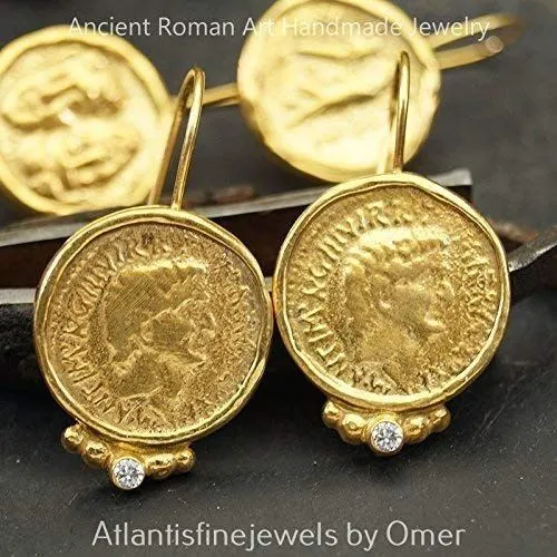 Sterling Silver Roman Coin Earrings 24 k Yellow Gold Plated Handmade By Omer