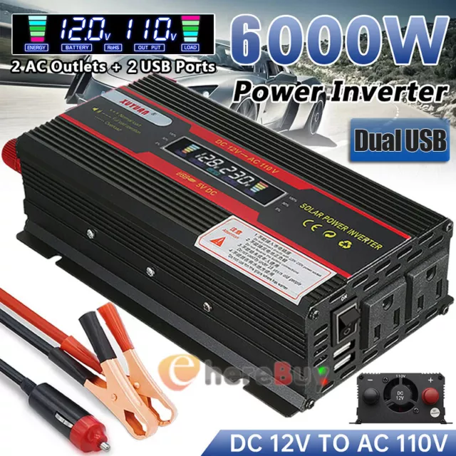 3000-6000W Pure Sine Power Inverter DC 12V to AC 110V Converter Digital Dual USB