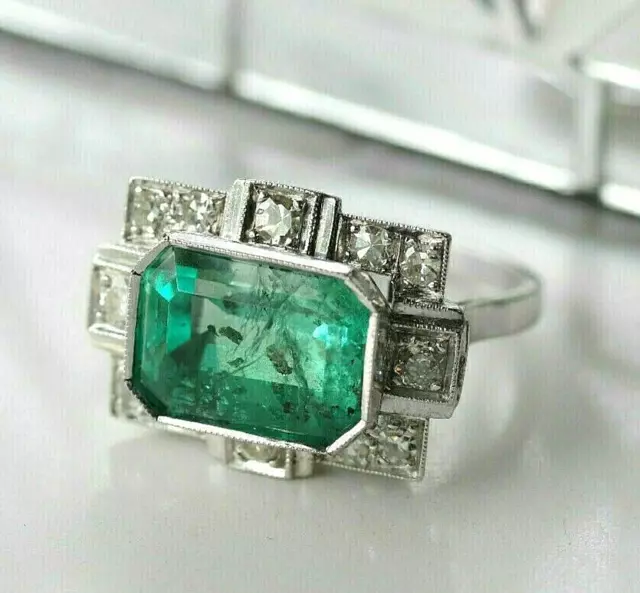 Art Deco Style 4CT Green Emerald and Lab-Created Diamond Wedding 925 Silver Ring