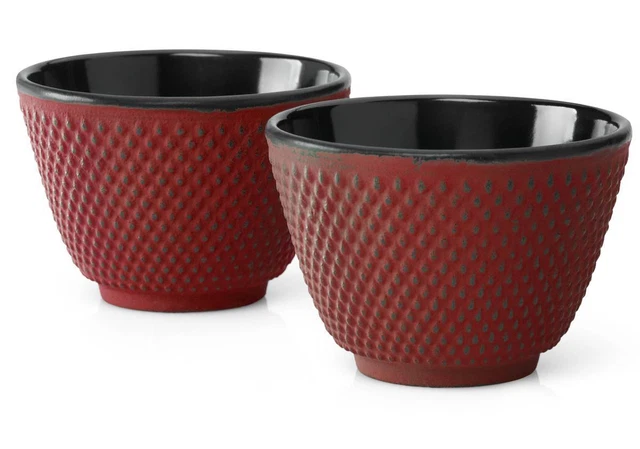 Asia Teebecher Set Gusseisen asiatisch Teetassen emailliert 2er-Set rot