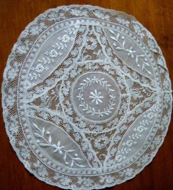 Antique 20s table doily French Normandy combo laces w emb/ry hand done 10" #1