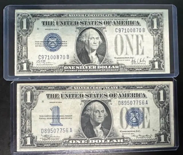 lot of 2, SERIES 1928 B & 1934 FUNNY-BACK SILVER CERTIFICATES BLUE SEAL 1 DOLLAR