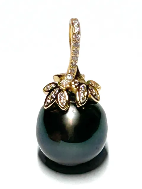 Unique Round 12.5mm Tahitian South Sea Natural Peacock Black Green Pearl Pendant