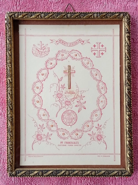 Reliquiario con 17 Reliquie Flores Terrae Sanctae con cornice in legno dorata