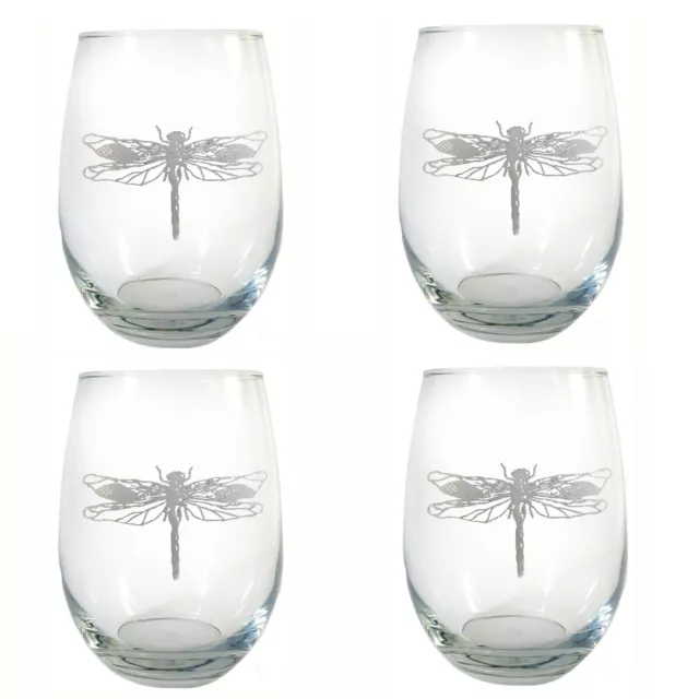 Dragonfly Clear Stemless Wine Glass Set of 4, Free Personalized Engraving 18 oz