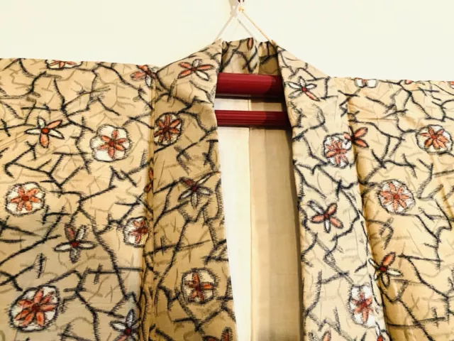 Japanese Vintage Kimono Cotton And Silk Beige Flower Pattern, VGC 2