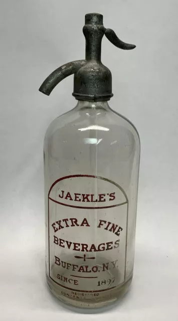 Antique Seltzer Bottle Jaekle’s Extra Fine Beverages Buffalo, NY, Clear, 26 oz.
