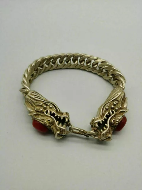 China Old Tibetan Silver Inlaid with red beads Dragon head Bracelet