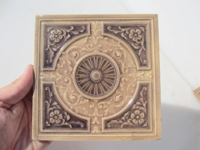 Antique Ceramic Tile Vintage Floral Art Nouveau Flowers Old Leaf Victorian