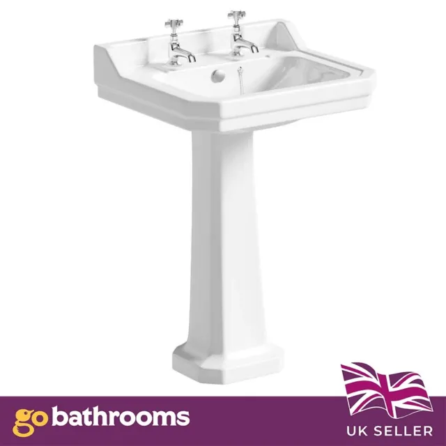 Traditional Hand Wash Basin & Pedestal Victorian Ceramic 2 Hole Bathroom Sink