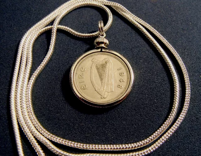 IRISH BUNNY HARP & HARE COIN Pendant 1948 Coin Pendant 18k White GF Chain 🍀