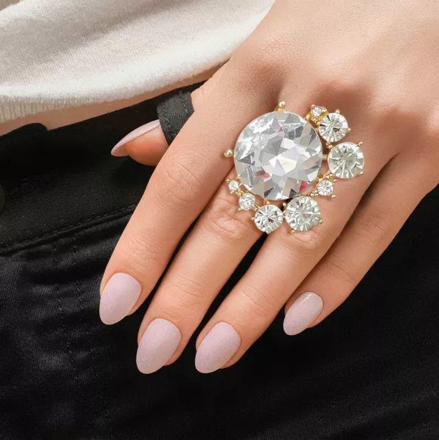 Women's Beautiful Fashion Clear Round Crystal Gold Plated Stretch Cocktail Ring