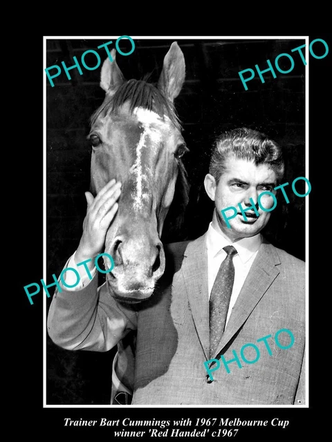 OLD LARGE HISTORIC PHOTO OF BART CUMMINGS WITH RED HANDED MELBOURNE CUP c1967