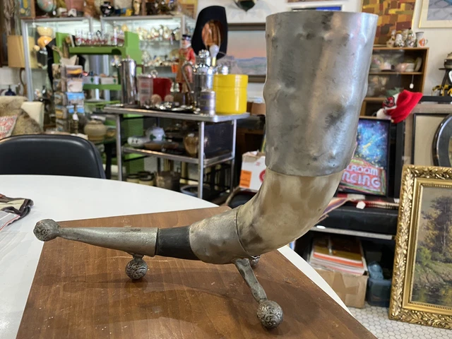 ANTIQUE HAND MADE Primitive DRINKING HORN Footed Vase Scandinavian? 10x7.75