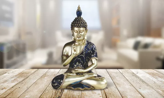 Teaching Buddha Blue & Gold Finish Statue 11.25"H Tabletop Figurine Room Decor