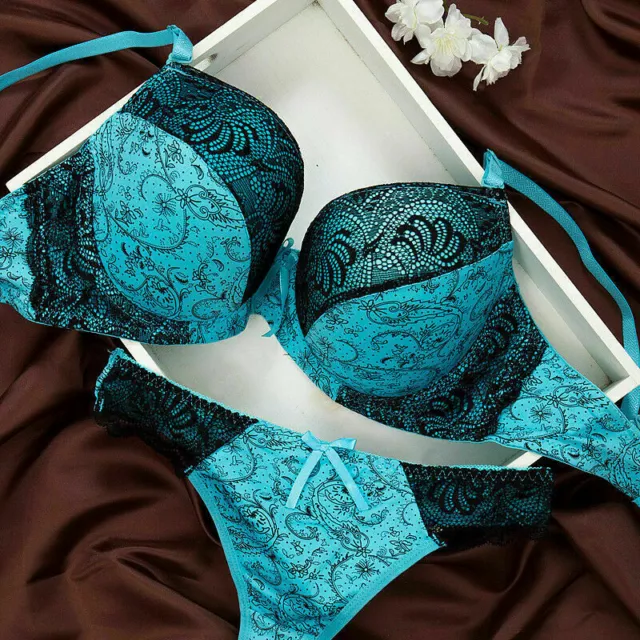 WOMENS LACE FLOWER Padded Plunge Bra set Ladies Underwear sets 32