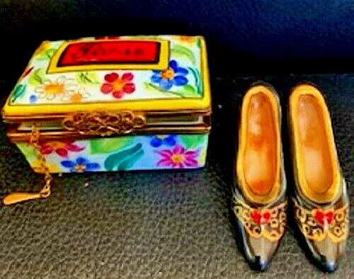 Limoges French Porcelain Floral Paris Fashion Shoe Box w/Shoes 24K Trinket Box