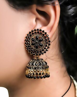Gold Plated Jhumka Earrings Indian Ethnic Black Pearl  Floral Design Jhumki
