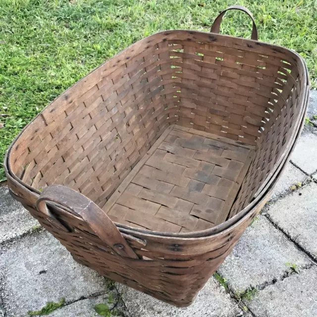 Large Vintage Americana Primitive Splint Wood Gathering Basket - Touch Of Blue!
