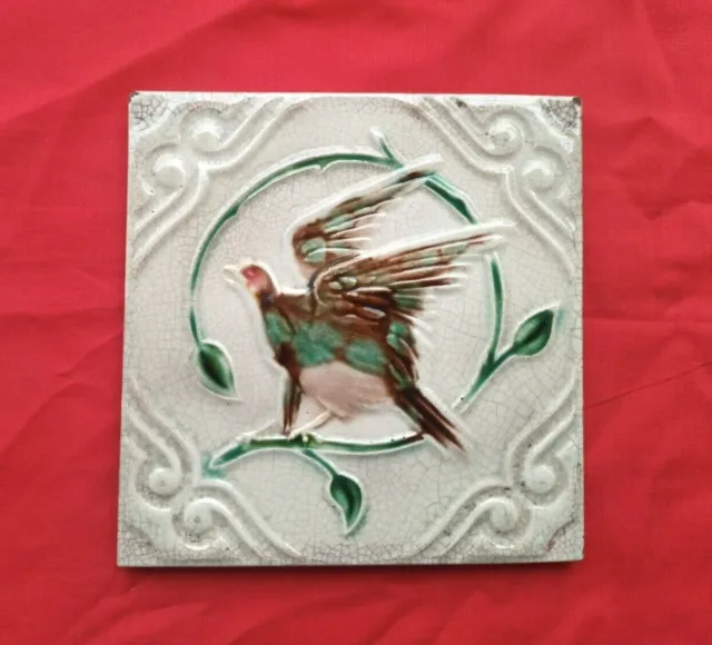 1 Piece Old Art Bird Design Embossed Majolica Ceramic Tiles Japan 0131