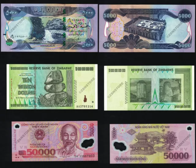 10 Trillion Dollars Zimbabwe AA+ 50,000 Dong Vietnam +5,000Dinars Uncirculated