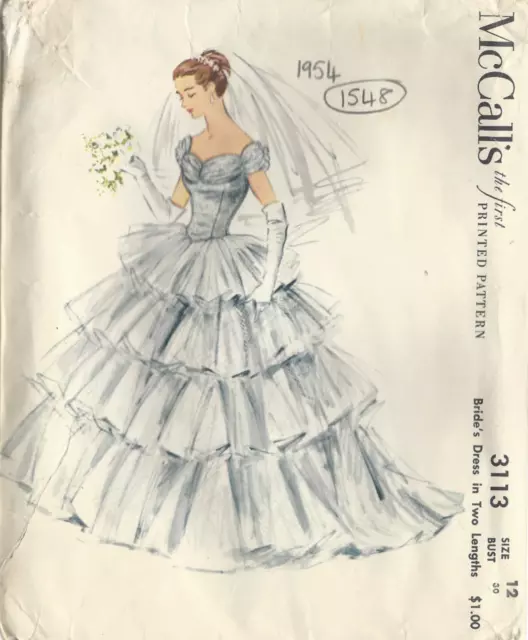 1954 Vintage Sewing Pattern B30 WEDDING BRIDES DRESS (1549) McCall's 3113