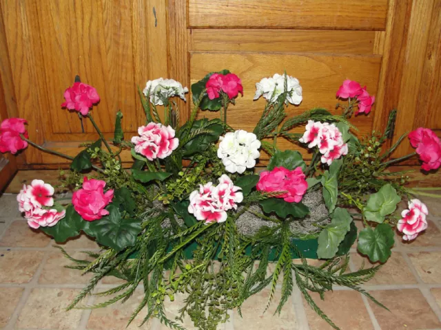 Silk Flowers Fuschia Pink White Geraniums Greens Arrangement for 18"+ Window Box