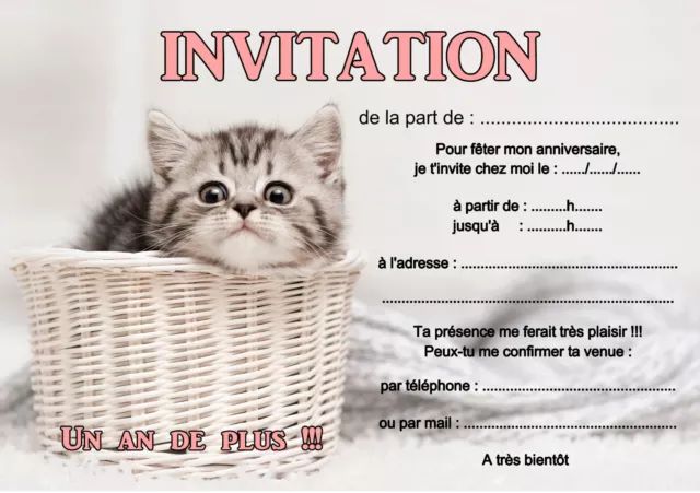 5 - 12 ou 14 cartes invitation anniversaire chat mignon réf 480