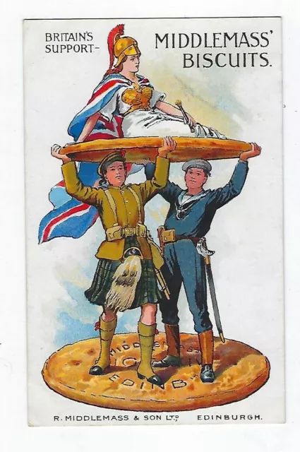 Early 1900's Adver. Postcard Middlemass Biscuits Britain's Support Unposted