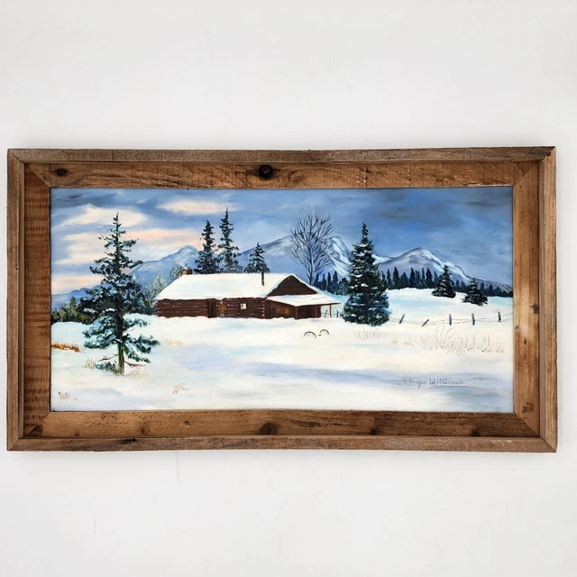 ORIGINAL SIGNED OIL Painting Rustic Winter Snow Cabin Scene Mountain ...