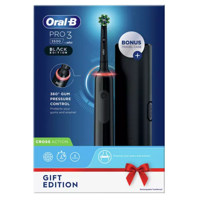 Oral B Pro 3500 Electric Toothbrush with Travel Case 2 x Cross Action Head Black