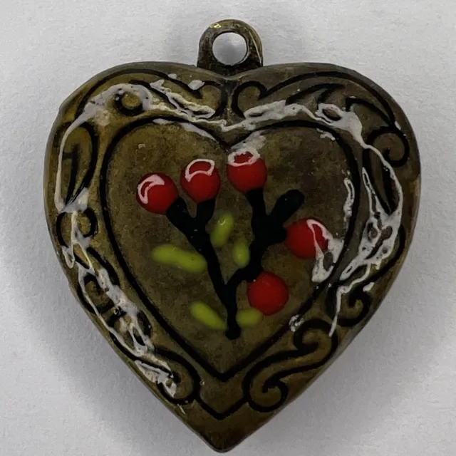 Heart Locket Pendant Antique Cherrie Blossom Enamel Inlaid Engraved Broze Tone