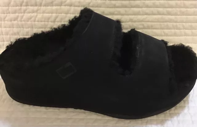 FITFLOP NIB SHUV TWO BAR STRAPS SUEDE SHEARLING LINED SLIDES ALL BLACK Size 7